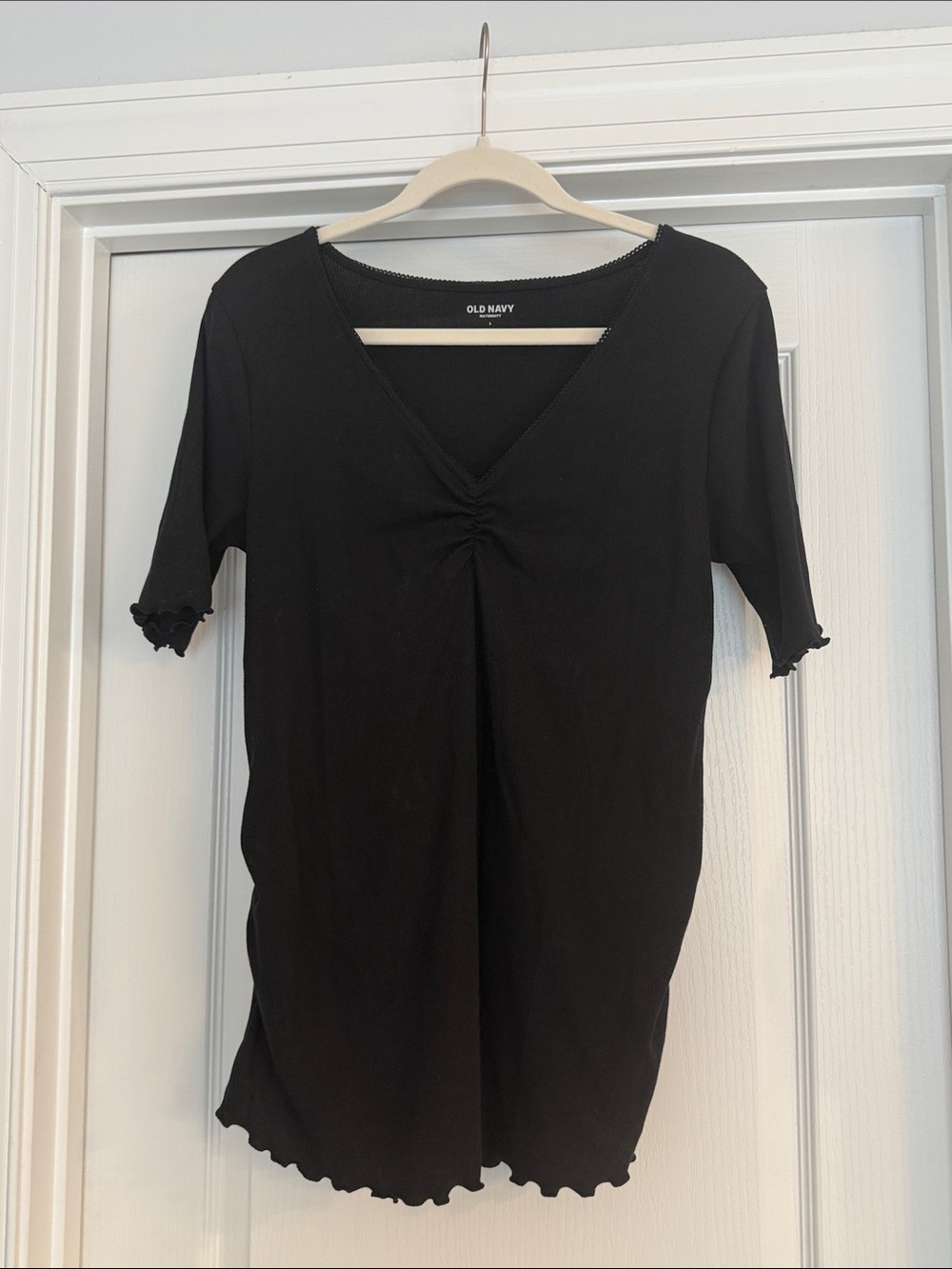 Old Navy Womens Maternity Black V-Neck Short Sleeve Top with Ruching Size Large